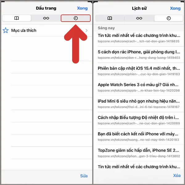 alt: Giao diện Lịch Sử trong Safari trên iPhone, hiển thị danh sách các trang web đã truy cập
