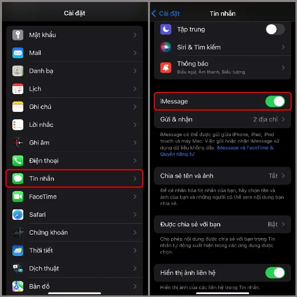 alt: Giao diện màn hình Cài Đặt trên iPhone, mục Tin nhắn được chọn, với tùy chọn iMessage đang ở trạng thái tắt