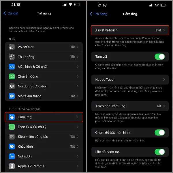 Cách chụp màn hình iPhone bằng nút home ảo siêu nhanh chóng, để bạn không bỏ lỡ bất kỳ khoảnh khắc nào 2 alt: Giao diện phần Cảm ứng trong mục Trợ năng