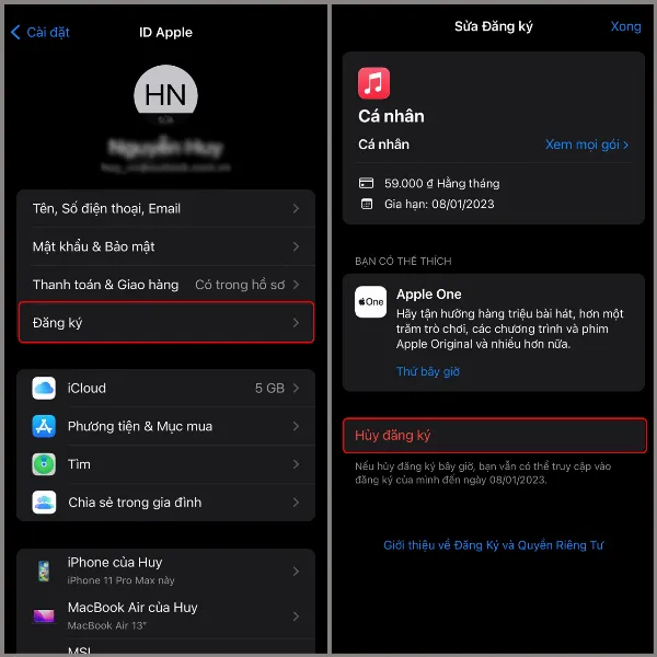 alt: Giao diện quản lý đăng ký trên iPhone hiển thị tùy chọn "Hủy đăng ký" cho dịch vụ Apple Music