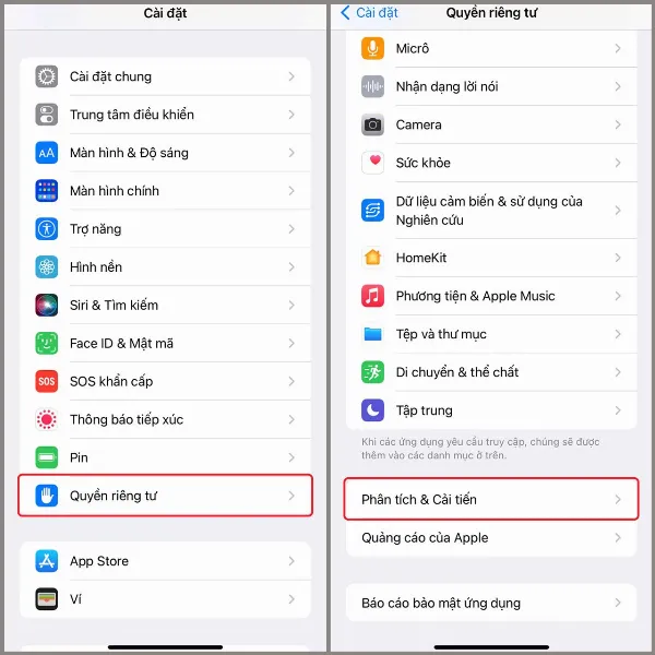 alt: Giao diện Quyền riêng tư trên iPhone, hiển thị các tùy chọn về bảo mật và quyền riêng tư