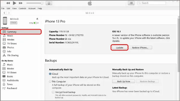 Cách cập nhật iOS qua iTunes vừa nhanh chóng lại dễ dàng thực hiện, các bạn nên tham khảo qua ngay 3 alt: Giao diện Summary trong iTunes với tùy chọn Check for Update