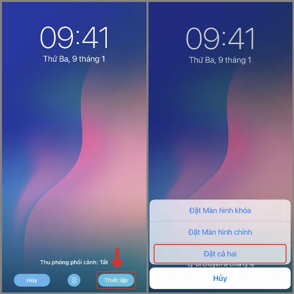 alt: Giao diện thiết lập hình nền trên iPhone X, cho phép người dùng tùy chỉnh và đặt hình nền cho màn hình khóa hoặc màn hình chính