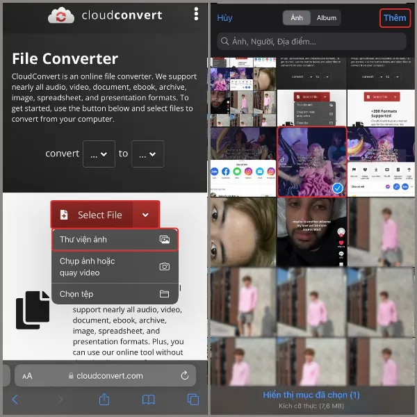 3 cách tải nhạc từ video TikTok, thưởng thức bản nhạc mà bạn yêu thích mọi lúc, mọi nơi 2 alt: Giao diện trang web CloudConvert trên iPhone, chọn video từ thư viện ảnh
