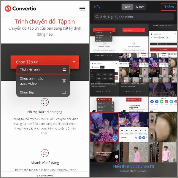3 cách tải nhạc từ video TikTok, thưởng thức bản nhạc mà bạn yêu thích mọi lúc, mọi nơi 4 alt: Giao diện trang web Convertio, chọn video TikTok từ thư viện ảnh trên iPhone
