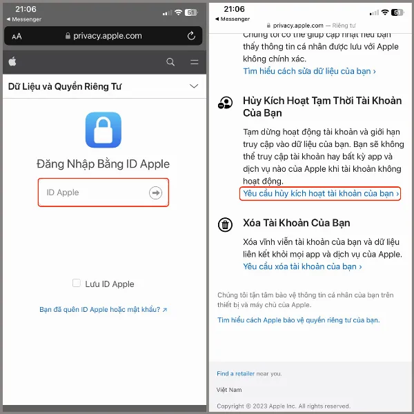 alt: Giao diện trang web quản lý dữ liệu và quyền riêng tư của Apple, với tùy chọn "Yêu cầu hủy kích hoạt tài khoản của bạn"