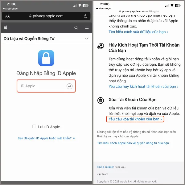 alt: Giao diện trang web quản lý dữ liệu và quyền riêng tư của Apple, với tùy chọn "Yêu cầu xóa tài khoản của bạn" được làm nổi bật