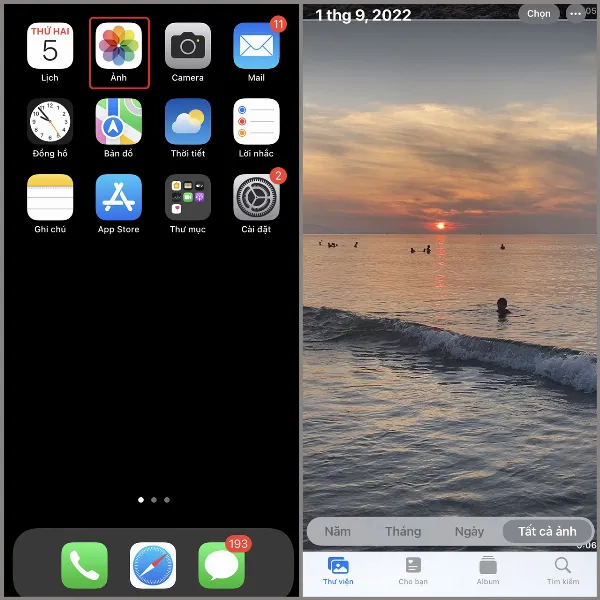 alt: Giao diện ứng dụng Ảnh trên iPhone, hiển thị các album ảnh