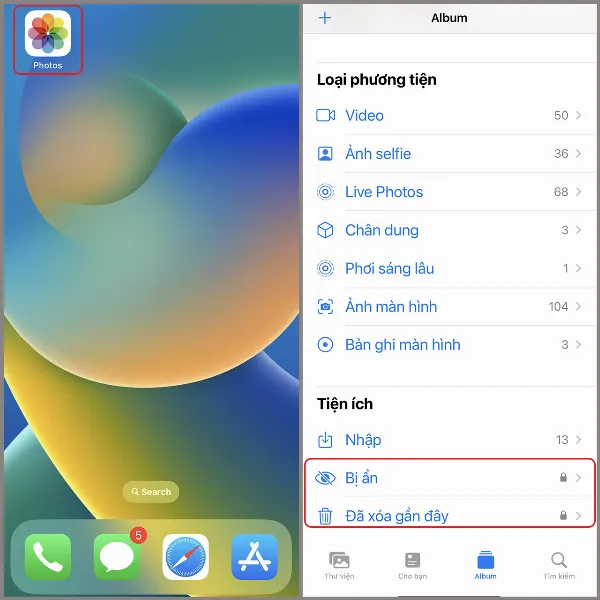 alt: Giao diện ứng dụng Ảnh trên iPhone sau khi đã khóa album Bị ẩn