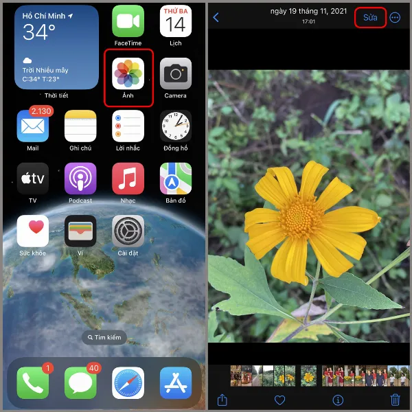 alt: Giao diện ứng dụng Ảnh trên iPhone với tùy chọn Sửa ảnh