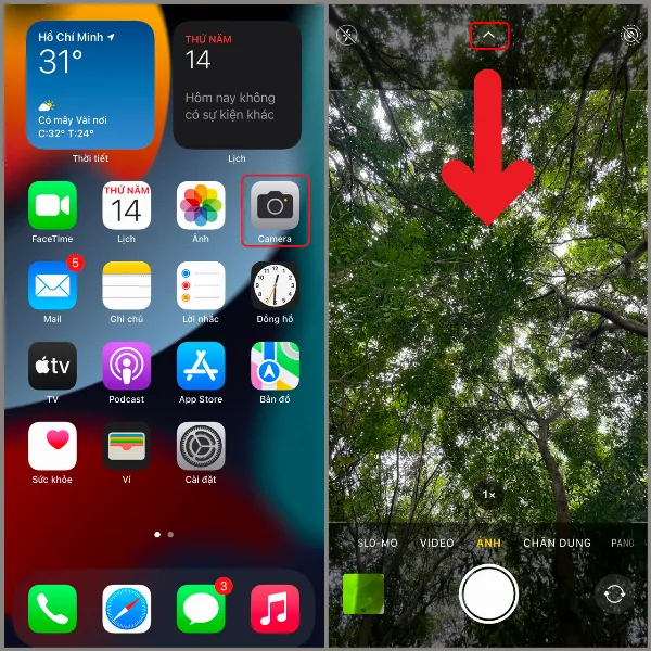 alt: Giao diện ứng dụng camera iPhone hiển thị các tùy chọn chụp, bao gồm cả biểu tượng hẹn giờ