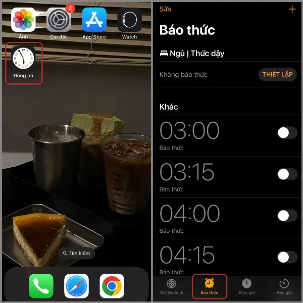 alt: Giao diện ứng dụng Đồng hồ trên iPhone với tab Báo thức được chọn, hiển thị danh sách các báo thức đã cài đặt