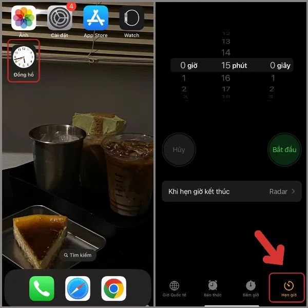 alt: Giao diện ứng dụng Đồng Hồ trên iPhone với tab Hẹn giờ được chọn, hiển thị các tùy chọn giờ, phút, giây