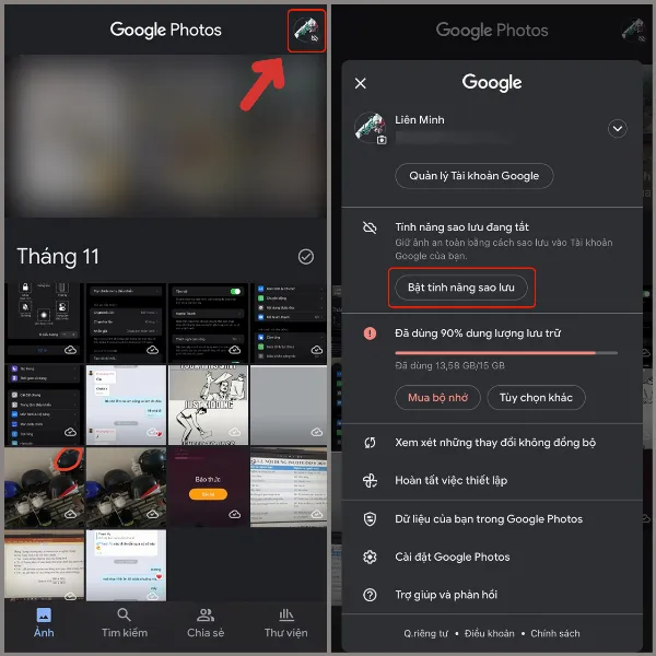 alt: Giao diện ứng dụng Google Photos trên điện thoại Android, hiển thị tùy chọn đăng nhập tài khoản Google và bật tính năng sao lưu