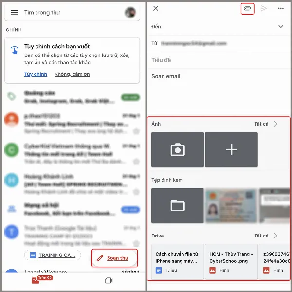alt: Giao diện ứng dụng Mail trên iPhone hiển thị màn hình soạn thư mới với tùy chọn đính kèm tệp