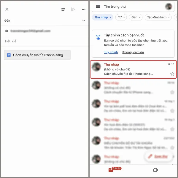 alt: Giao diện ứng dụng Mail trên iPhone hiển thị thư mục Thư nháp, chứa email vừa soạn có đính kèm file