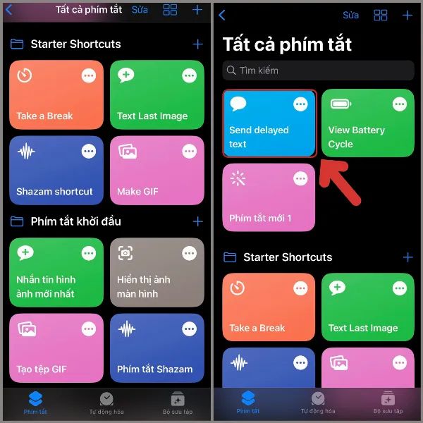alt: Giao diện ứng dụng Phím tắt trên iPhone, hiển thị danh sách các phím tắt đã cài đặt, bao gồm Send delayed text