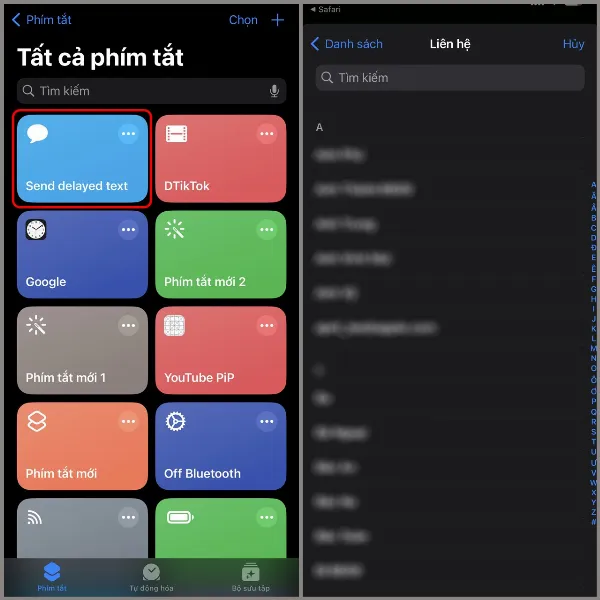 Cách hẹn giờ gửi tin nhắn trên iPhone, không sợ bỏ lỡ sinh nhật bạn bè hay sự kiện quan trọng 3 alt: Giao diện ứng dụng Phím tắt trên iPhone hiển thị danh sách liên hệ để chọn người nhận tin nhắn