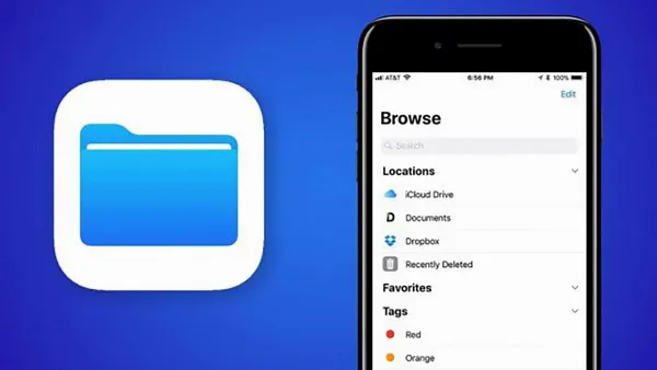 alt: Giao diện ứng dụng Tệp trên iPhone hiển thị các thư mục và tệp tin