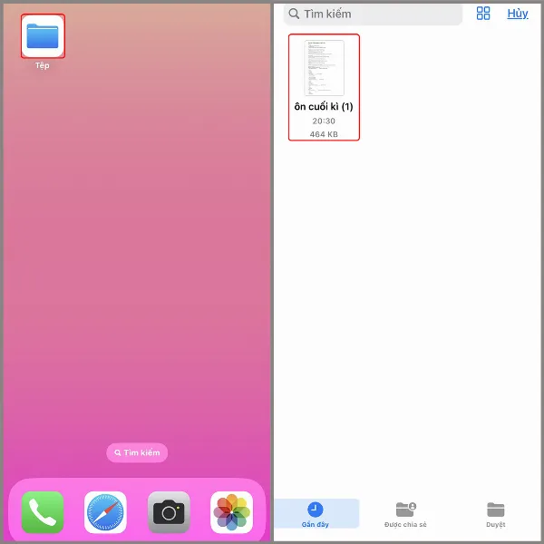 alt: Giao diện ứng dụng Tệp trên iPhone hiển thị danh sách các file và thư mục