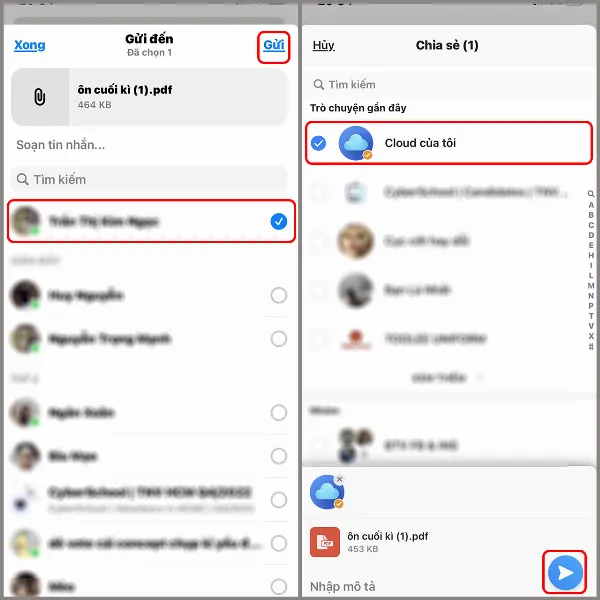 alt: Giao diện ứng dụng Zalo trên iPhone, hiển thị cuộc trò chuyện Cloud của tôi, nơi người dùng có thể gửi file cho chính mình