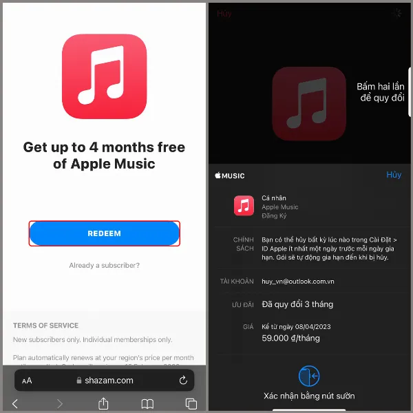 alt: Giao diện web Shazam hiển thị nút "Redeem" màu đỏ nổi bật để nhận ưu đãi Apple Music
