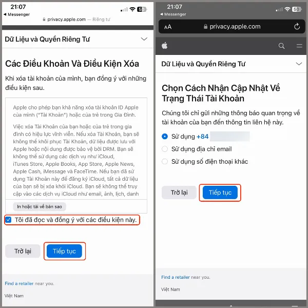 alt: Giao diện xác nhận đồng ý với các điều kiện xóa tài khoản và lựa chọn phương thức nhận mã truy cập