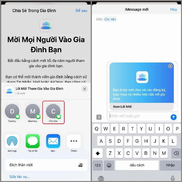 alt: Gửi lời mời tham gia Family Sharing qua iMessage