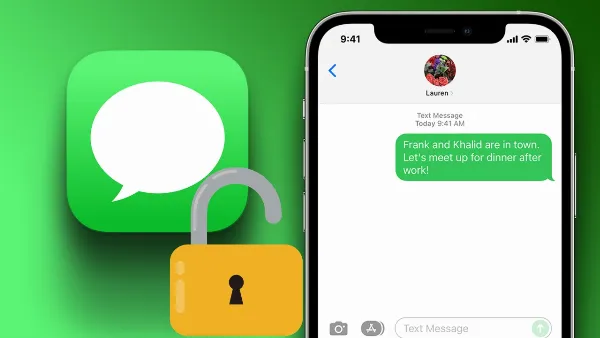 alt: Hình ảnh iPhone 14 Pro Max màu tím sang trọng, màn hình hiển thị ứng dụng Tin nhắn