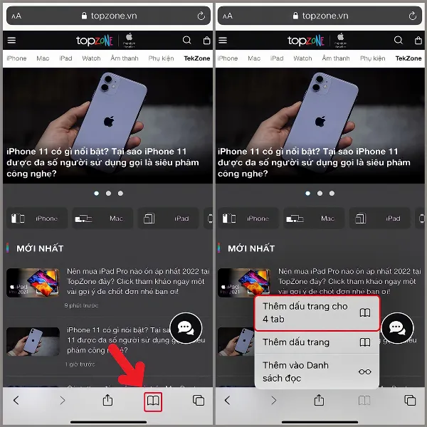 alt: Hình ảnh minh họa cách chạm và giữ vào biểu tượng Bookmarks trên Safari và chọn tùy chọn thêm dấu trang cho nhiều tab