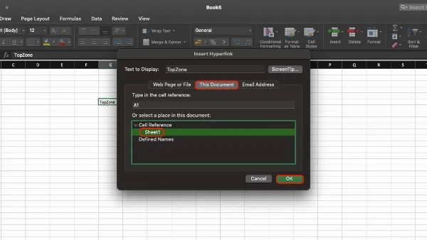 alt: Hộp thoại "Insert Hyperlink" trong Excel, chọn "This Document" và chọn sheet cần liên kết