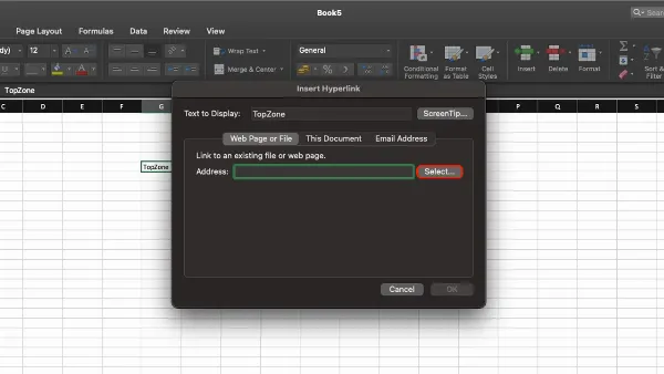 alt: Hộp thoại "Insert Hyperlink" trong Excel, chọn "Web Page or File" và nút "Select"