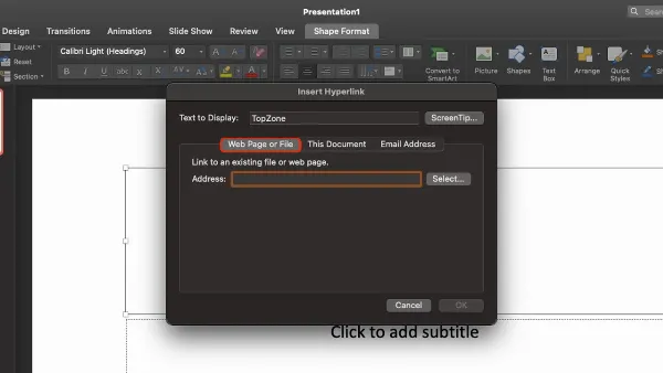 alt: Hộp thoại "Insert Hyperlink" trong PowerPoint, tương tự như trong Word
