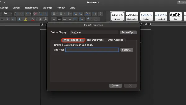 alt: Hộp thoại "Insert Hyperlink" trong Word với các tùy chọn chèn liên kết