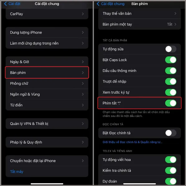 alt: Hướng dẫn bật phím tắt chấm câu nhanh trên iPhone