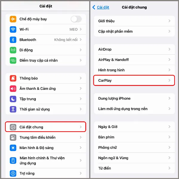 alt: Hướng dẫn các bước cài đặt trên iPhone để kết nối với Apple CarPlay, bao gồm vào Cài đặt, Cài đặt chung và chọn CarPlay
