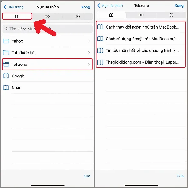 alt: Hướng dẫn cách truy cập và xem lại các tab đã được lưu trong thư mục Bookmarks trên Safari