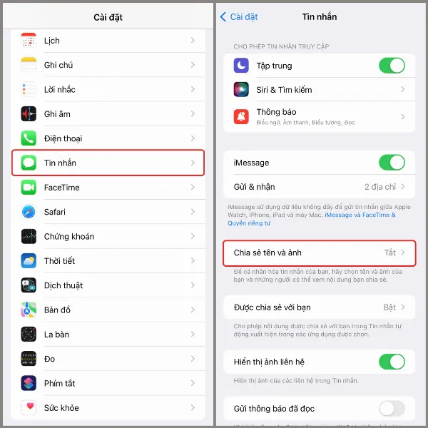 alt: Hướng dẫn chia sẻ tên và ảnh đại diện trong Tin nhắn trên iPhone
