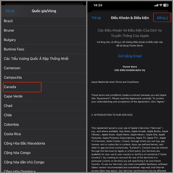 alt: Hướng dẫn chọn Canada và đồng ý điều khoản sử dụng của Apple
