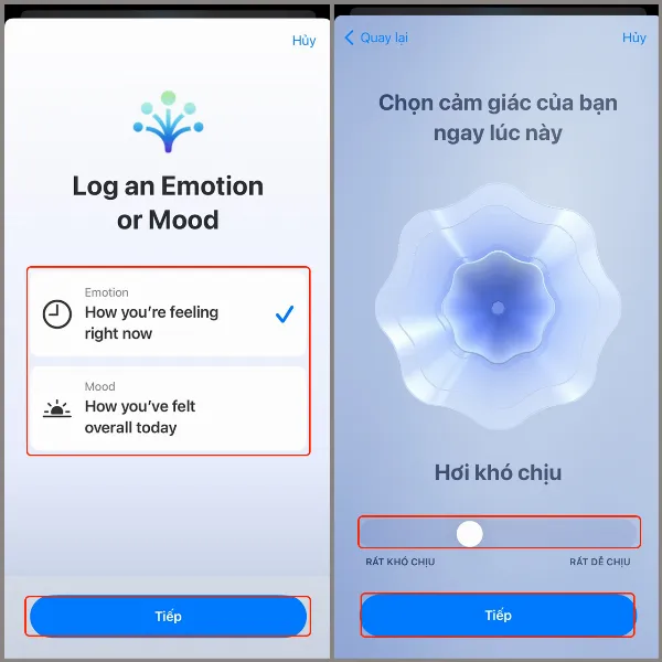 alt: Hướng dẫn chọn loại tâm trạng Emotion hoặc Mood và điều chỉnh mức độ trên ứng dụng Sức khỏe iOS 17