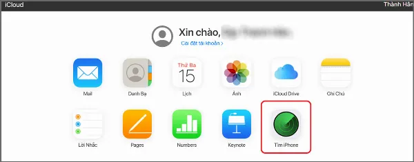 alt: Hướng dẫn chọn mục Tìm iPhone trong giao diện iCloud