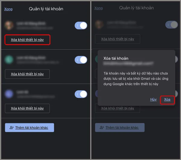 alt: Hướng dẫn chọn tài khoản cần xóa và xác nhận xóa khỏi thiết bị