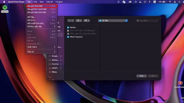 alt: Hướng dẫn chọn Tệp và Bản ghi Phim Mới trong QuickTime Player để quay màn hình iPhone