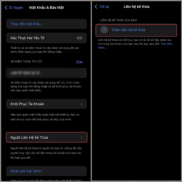 alt: Hướng dẫn chọn Thêm liên hệ kế thừa trong cài đặt Người Liên Hệ Kế Thừa