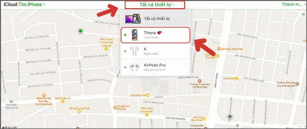 alt: Hướng dẫn chọn thiết bị iPhone cần tìm trong danh sách