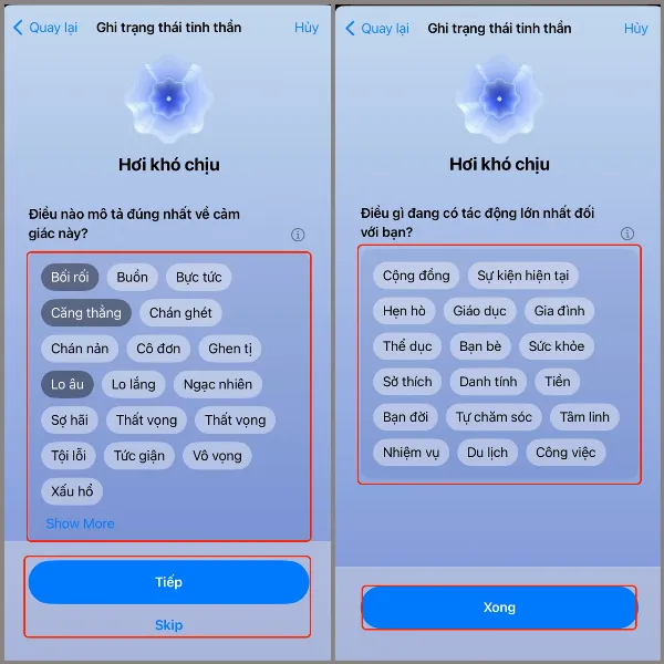 alt: Hướng dẫn chọn từ ngữ mô tả cảm xúc và hoàn tất quá trình ghi nhận tâm trạng trên iOS 17