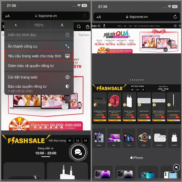 alt: Hướng dẫn chọn Yêu cầu trang web cho máy tính trong menu tùy chọn của Safari