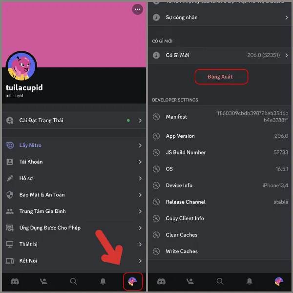 alt: Hướng dẫn điều hướng đến tùy chọn đăng xuất trong phần cài đặt tài khoản cá nhân trên Discord
