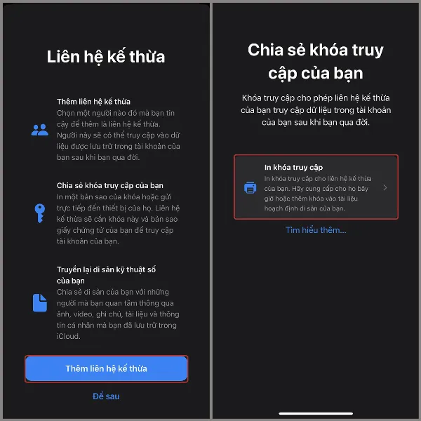 alt: Hướng dẫn in khóa truy cập cho Người Liên Hệ Kế Thừa