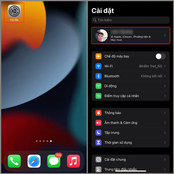 alt: Hướng dẫn mở cài đặt và chọn ID Apple trên iPhone
